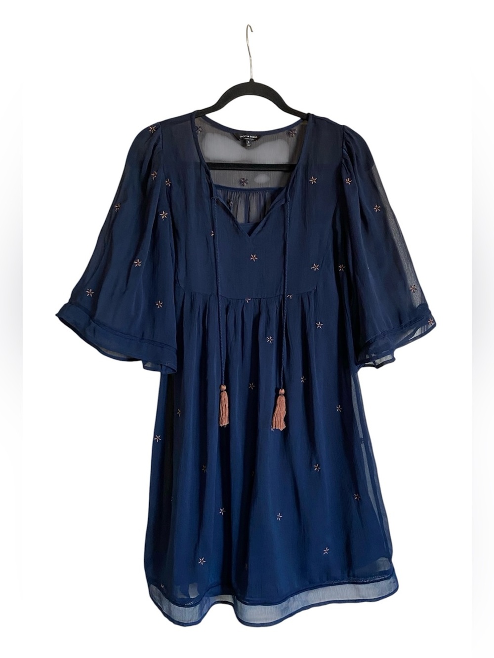 Women’s LUCKY BRAND Boho Navy Blue 2 Piece Tassel Dress Small